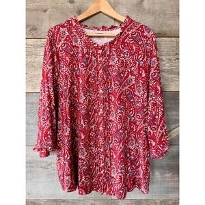Lands End Bandana Paisley Button Front Knit Top 2X Red Cowgirl Western Americana